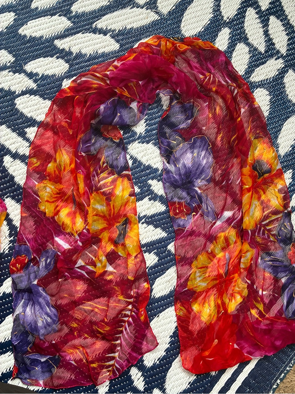 Women's vintage Floral Sheer Scarf - Red, Purple & Yellow